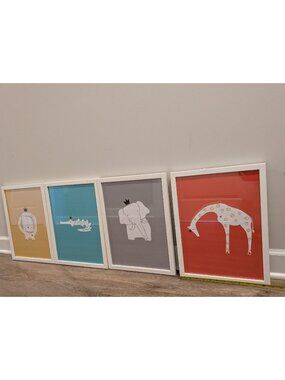 white frame Set of 4 wall art animals colorful